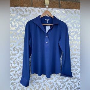 Hinson Wu Leona Sapphire Blue Knit Polo | Quiet Luxury Cotton Modal Blouse M